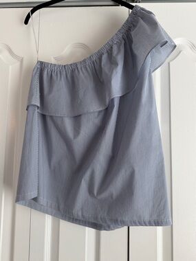 Aqua Blue and White Pinstripe Asymmetrical Tamk